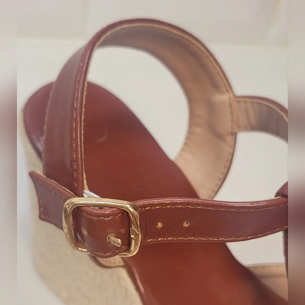 Brown T-Strap Espadrille Wedge Sandals Size 6 Summer Casual